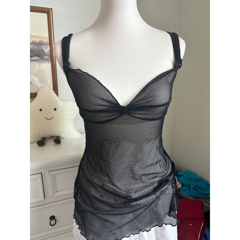 Black Mesh Camisole Sheer Fishnet Top Sequin Y2K Grunge Fairycore Dreamgirl